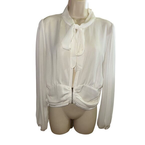 Fashion Nova White Long Sleeve Tie‎ Neck Blouse XL Zipper Waist Sexy Secretary - Picture 1 of 8